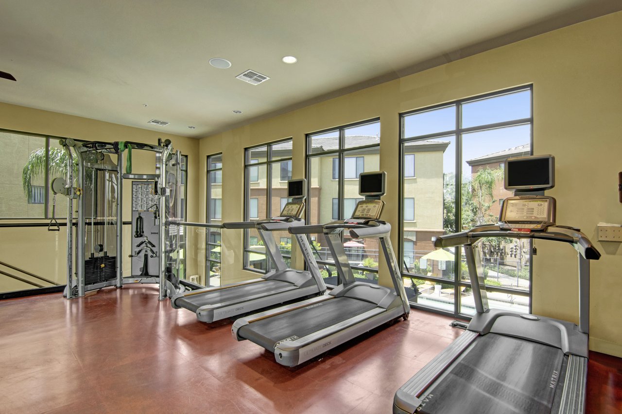 Fitness center with treadmills and weight machines, large windows overlooking the courtyard.