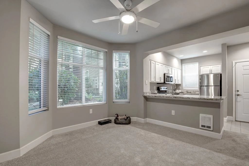 Living room and kitchen area with natural light from large windows, ceiling fan, and stainless steel appliances.