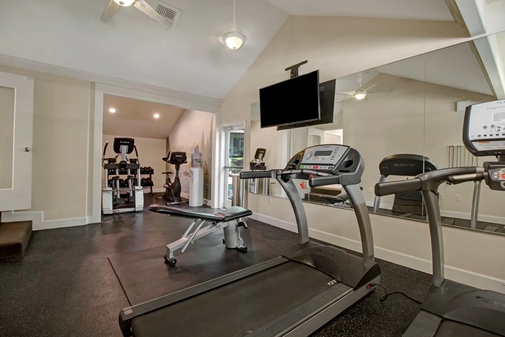 Treadmills and weight machines in a well-equipped fitness center with mirrors and a TV.