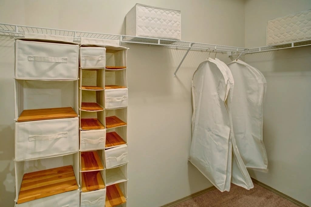Walk-in closet with shelving and garment bags.