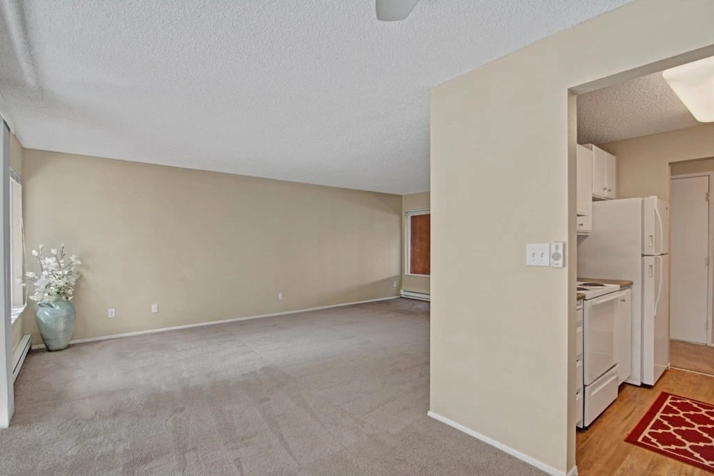 Spacious living area with neutral carpet, beige walls, and a glimpse of the kitchen.