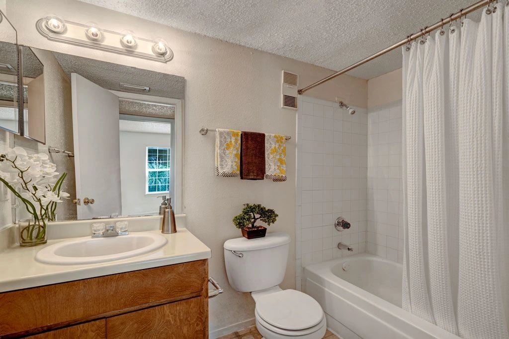 Bathroom with vanity, sink, toilet, and bathtub with shower curtain.