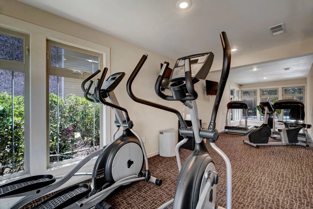 Elliptical machines and treadmills in a well-lit fitness center with large windows overlooking lush greenery.