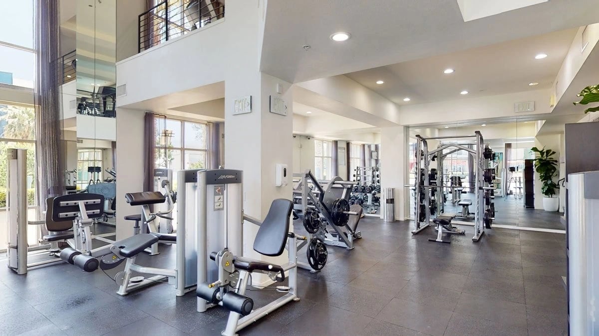 Gym with various weight machines and free weights.