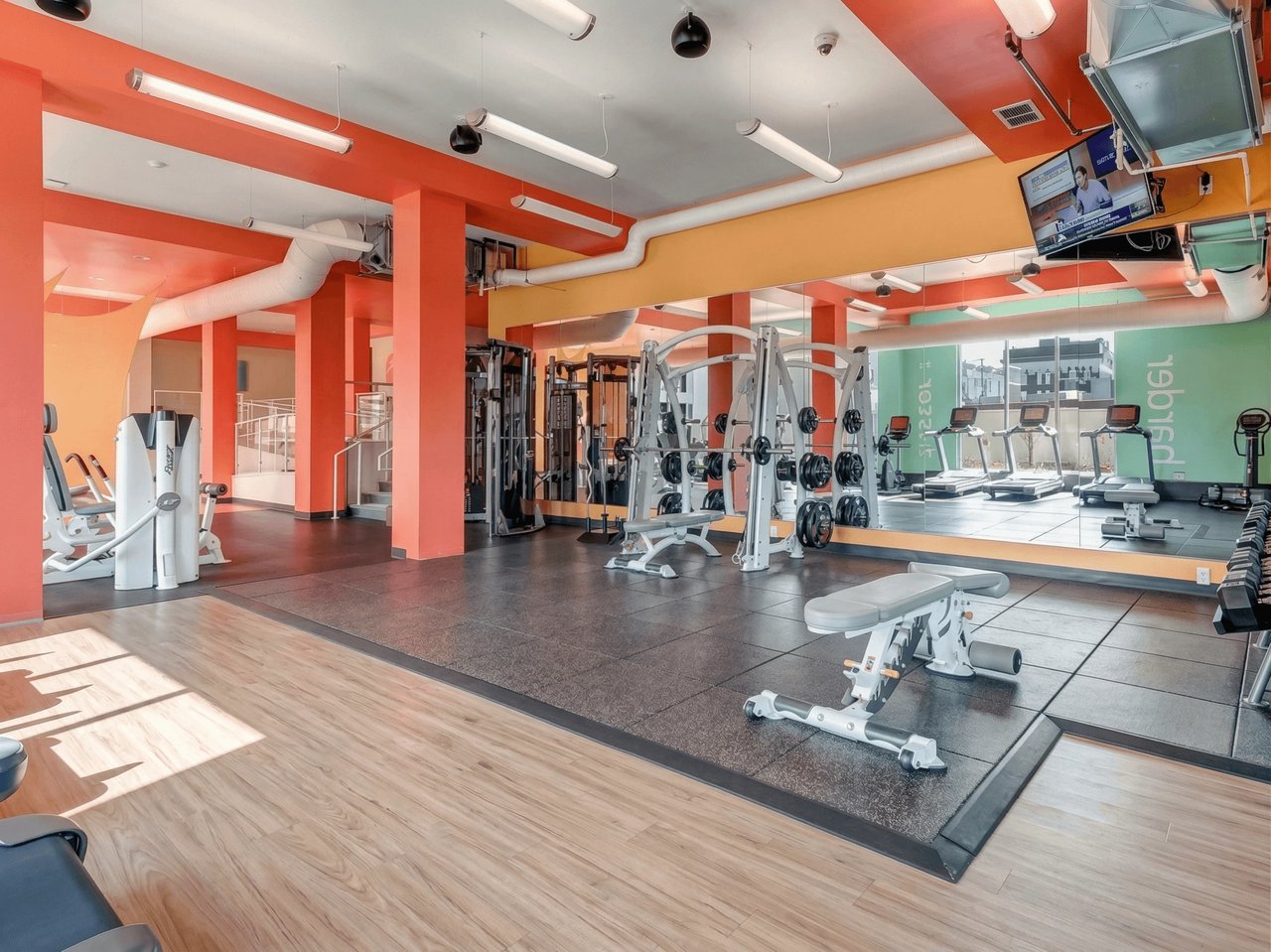 Well-equipped fitness center with weight machines, treadmills, and free weights.