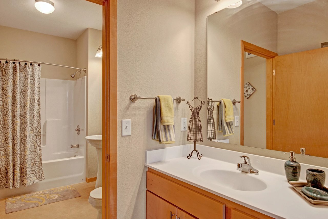 Bathroom with a single-sink vanity, towel bars, and a shower-tub.