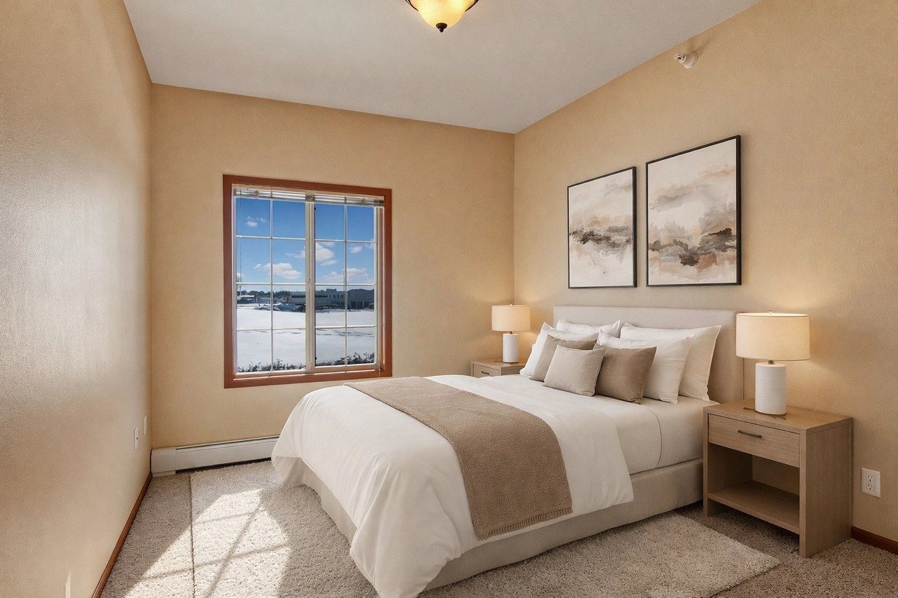 A cozy bedroom featuring a queen-size bed with white linens and decorative pillows, a nightstand with a lamp, and a window overlooking a snowy landscape.
