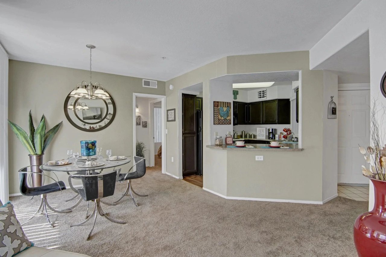 Dining area and kitchen in apartment