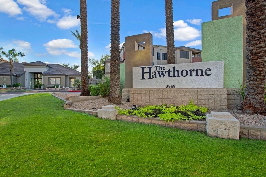 The Hawthorne apartment complex signage and entrance.