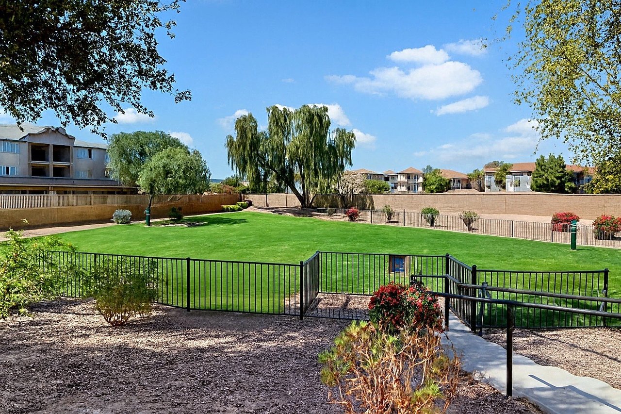 Large, well-maintained grassy area with trees and fencing.