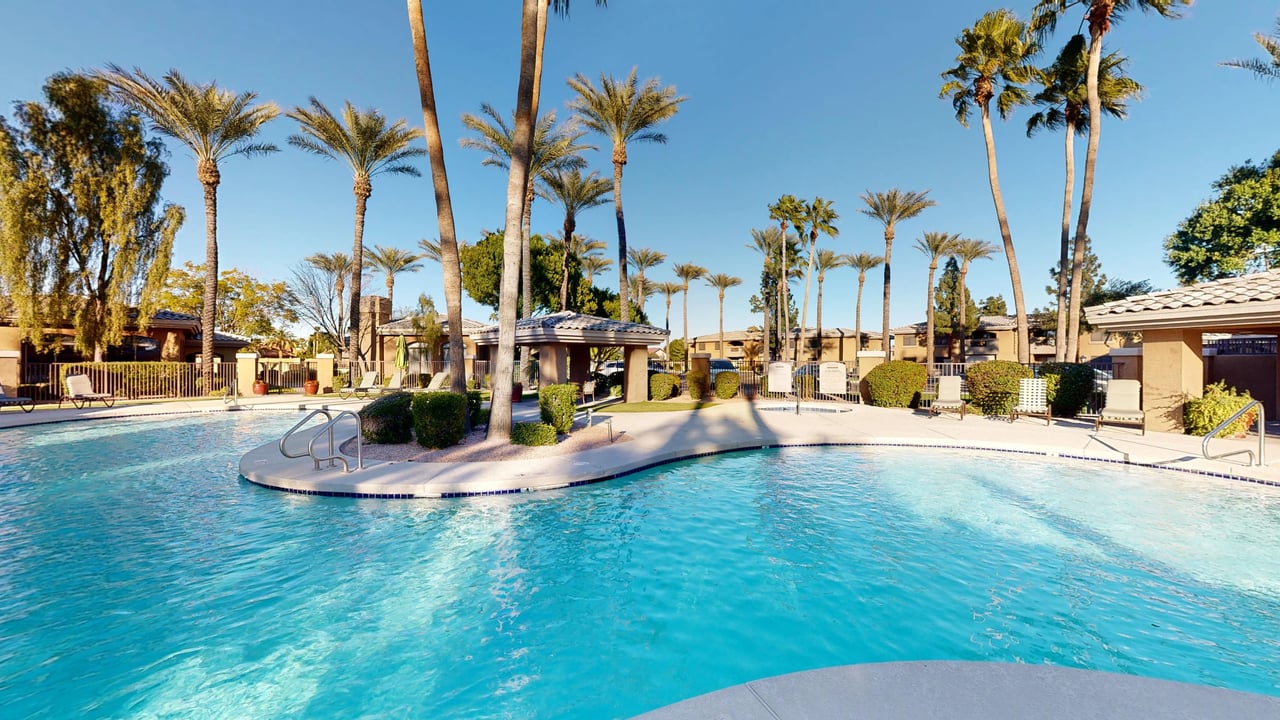 Outdoor swimming pool with lounge chairs and palm trees.