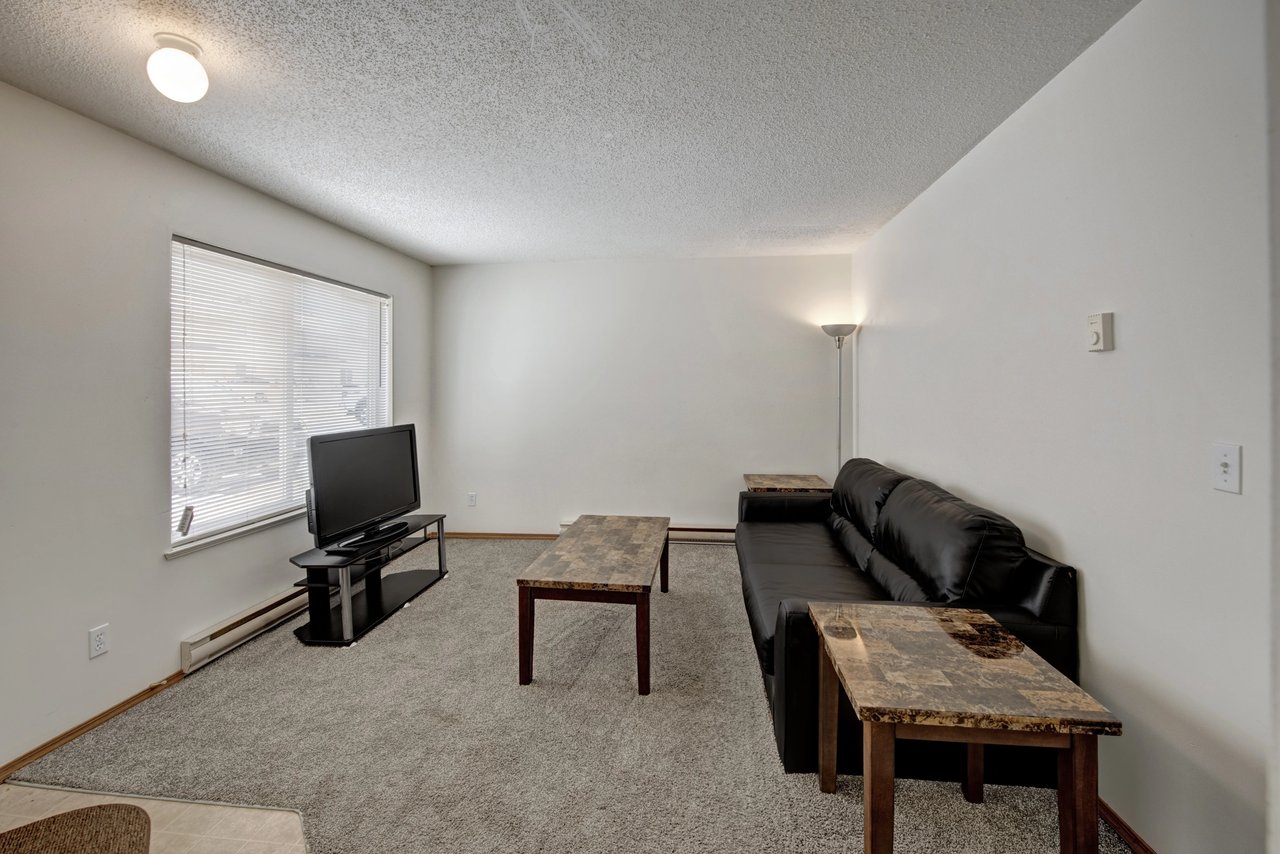 Living room with a black sofa, coffee table, and television.
