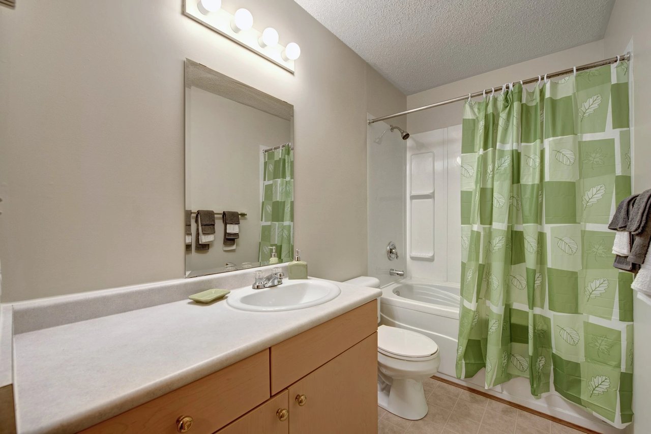 Bathroom with vanity, toilet, and bathtub with shower curtain.