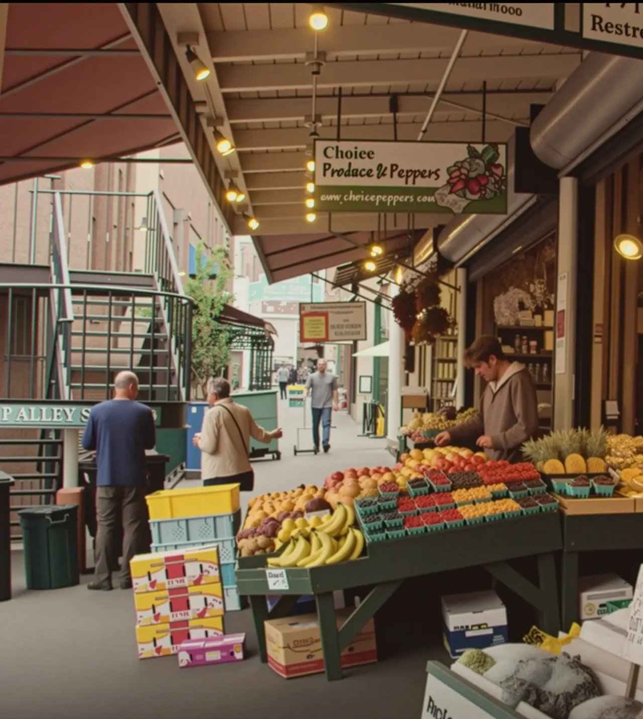Outdoor market stalls with fresh produce and awnings.