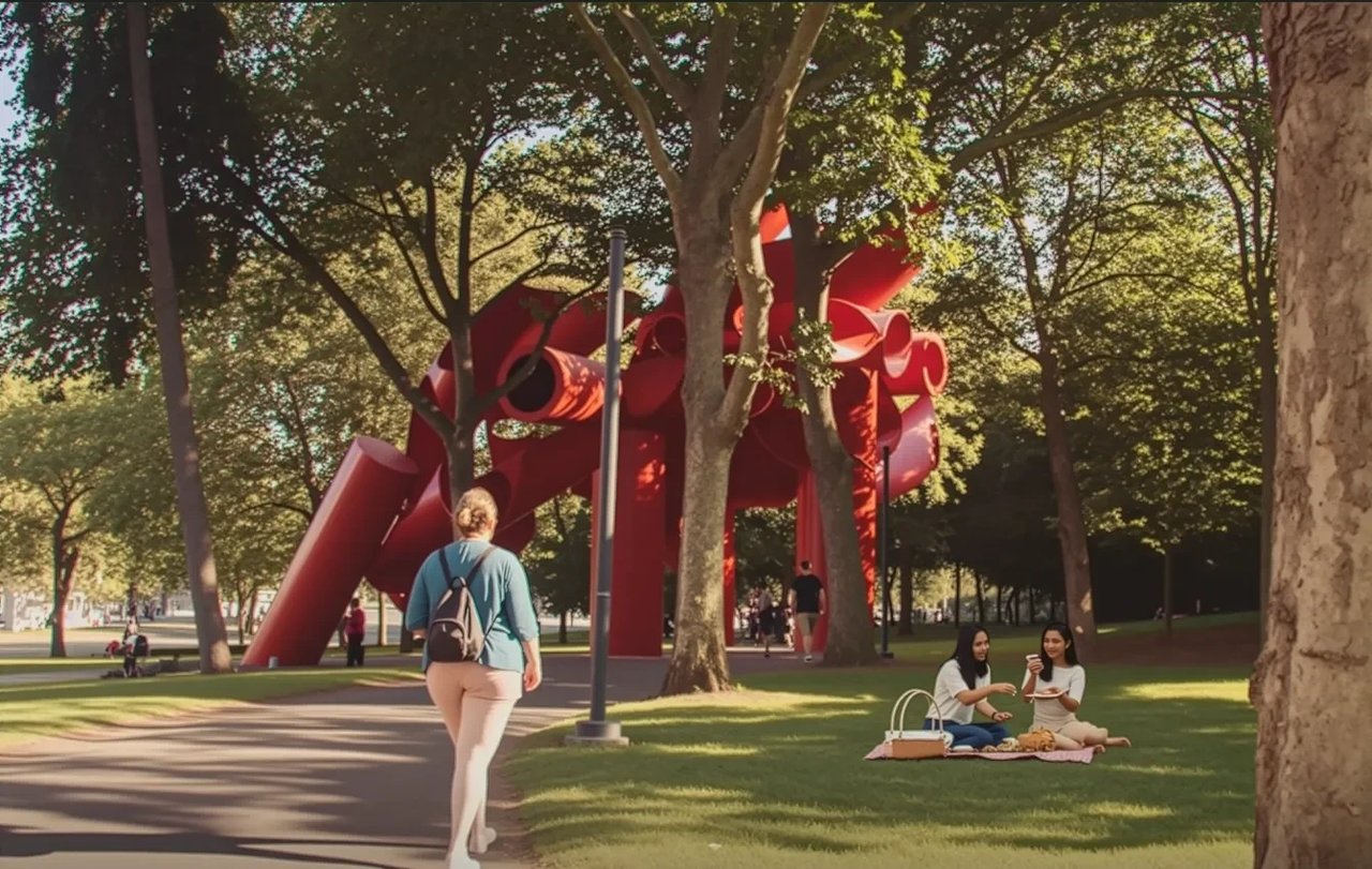 People enjoying a picnic and a woman walking in a park with a large red sculpture.