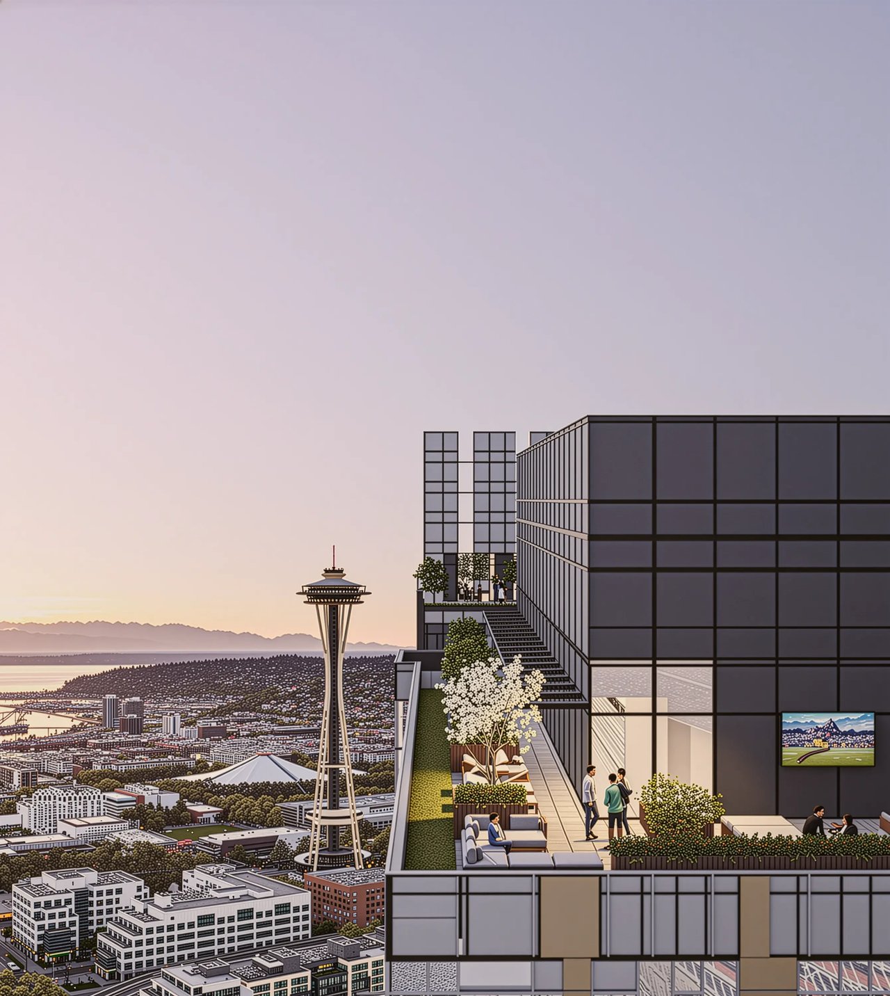 Rooftop deck with seating areas and city views