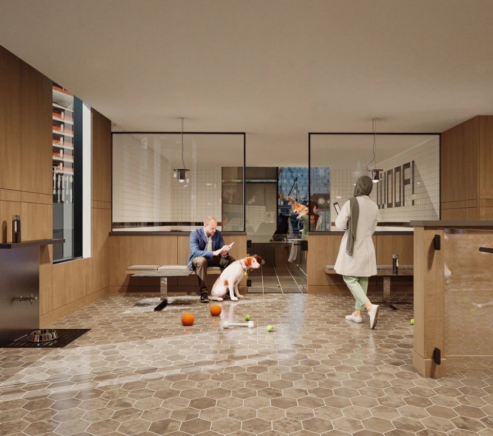 People and dogs in a modern dog park lounge.