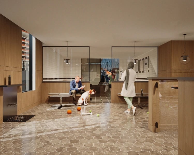 Man and dog in a pet spa.