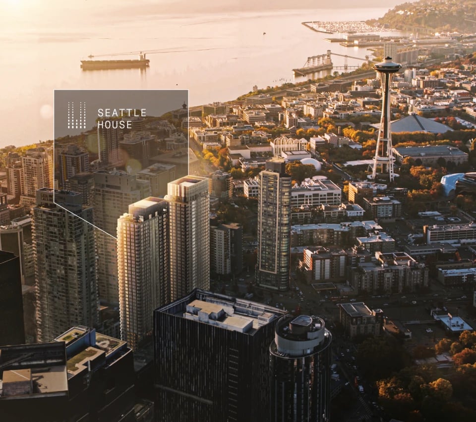 Aerial view of Seattle House apartment buildings in downtown Seattle.