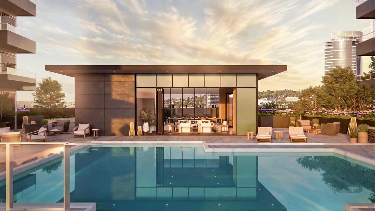 Rooftop pool and lounge area with modern architecture and city skyline view.