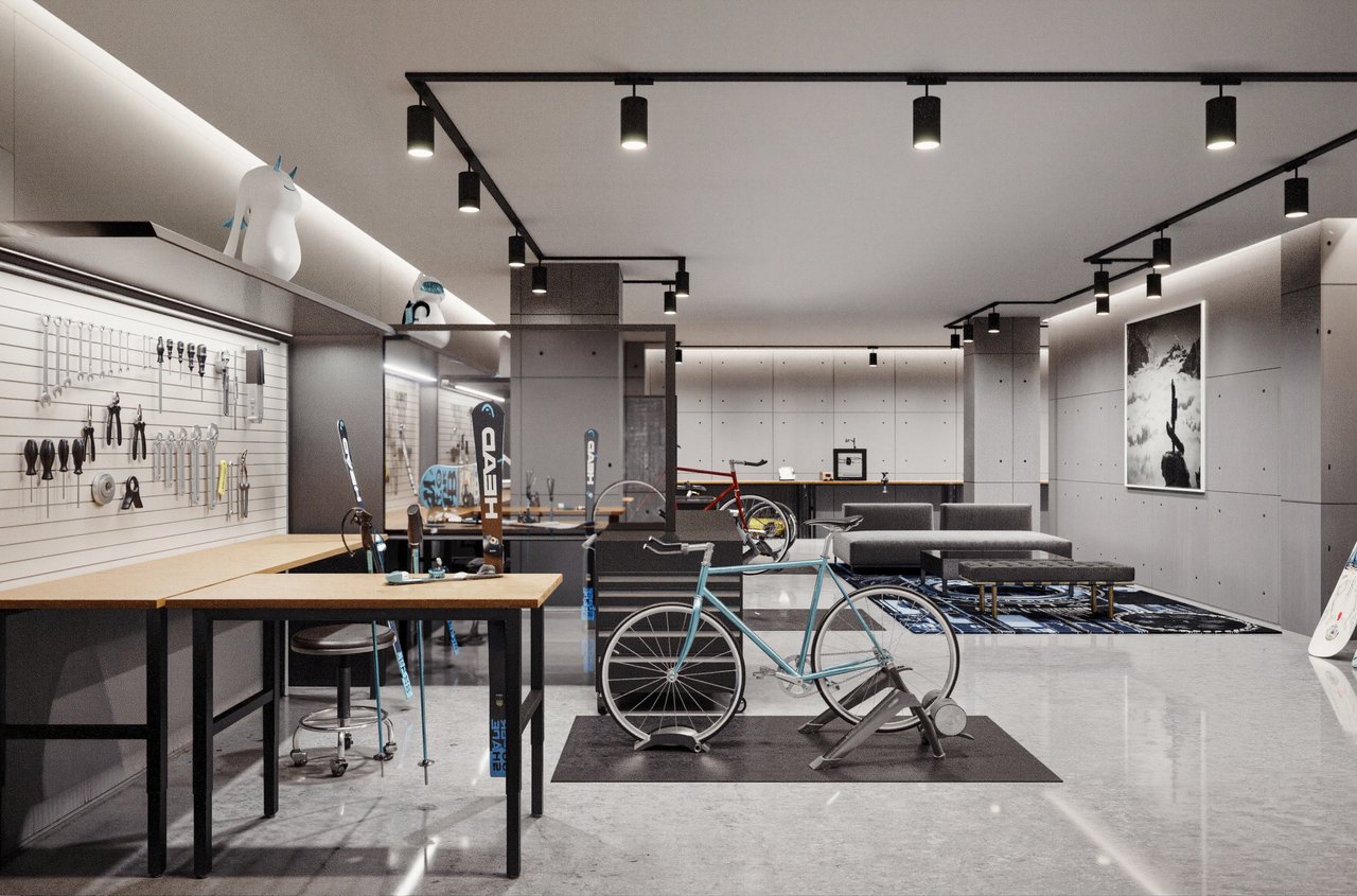 Community bike and ski workshop with tools, bikes, and skis.