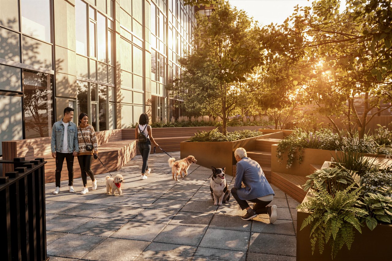 People and their dogs enjoy the rooftop garden and seating area of the apartment building.