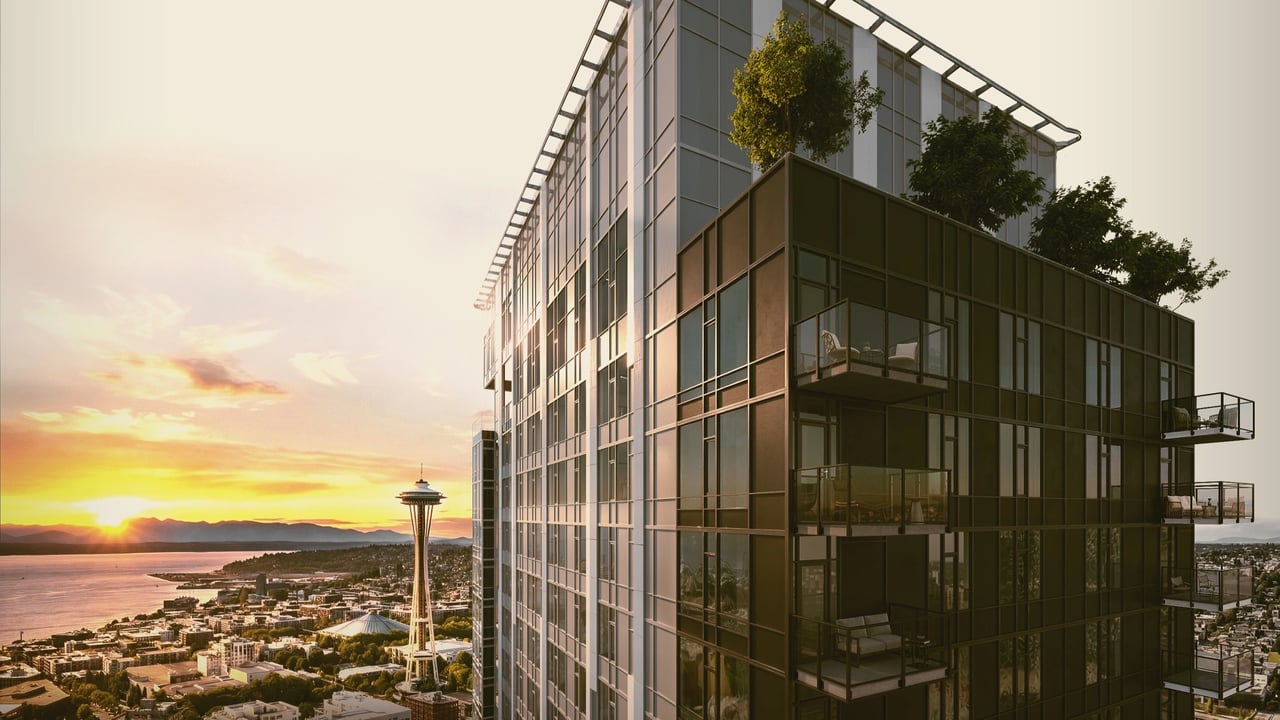 Modern high-rise apartment building exterior with balconies and city views.