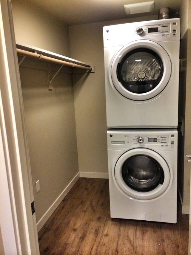 Stackable washer and dryer in a laundry closet