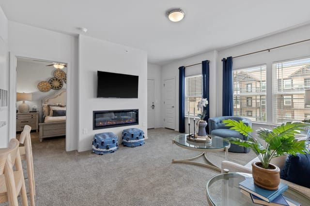 Living room with fireplace, TV, and open doorway to bedroom.
