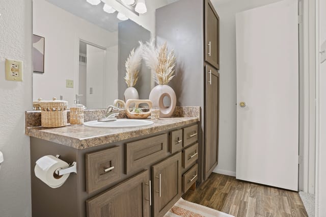 Bathroom vanity with a sink, countertop, mirror, and storage cabinets.