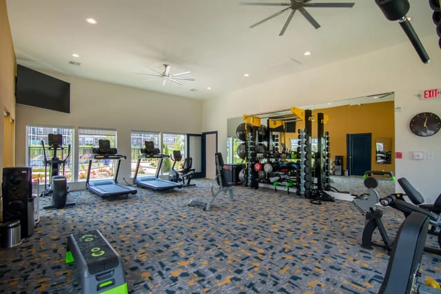 Interior gym with treadmills, weight rack, mirrors, and windows.
