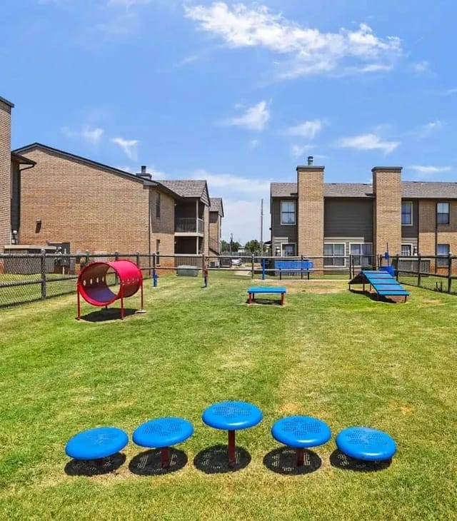 A fenced dog park with agility equipment and benches.