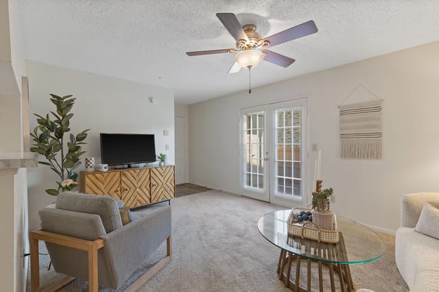 Living room with gray armchair, TV on a wooden cabinet, and glass coffee table.