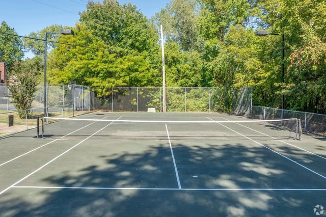 Tennis court with a net in the center and trees in the background.