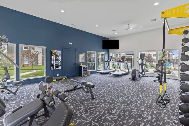 Bright, modern fitness center with treadmills, weights, and large windows.
