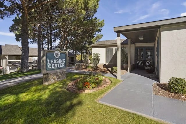 Double Tree Leasing Center sign and building entrance.
