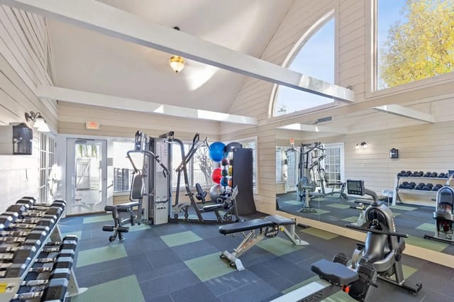 Bright indoor gym with free weights, weight machines, cardio equipment, and medicine balls.