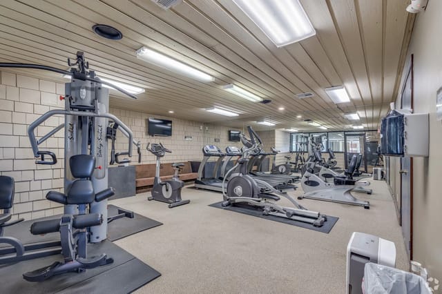 Interior view of a residential gym with treadmills, ellipticals, and weight machines.