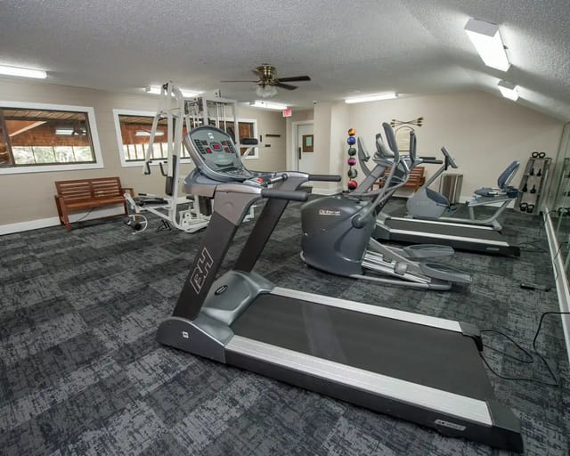 Bright indoor fitness center with treadmills, elliptical, weights and benches.