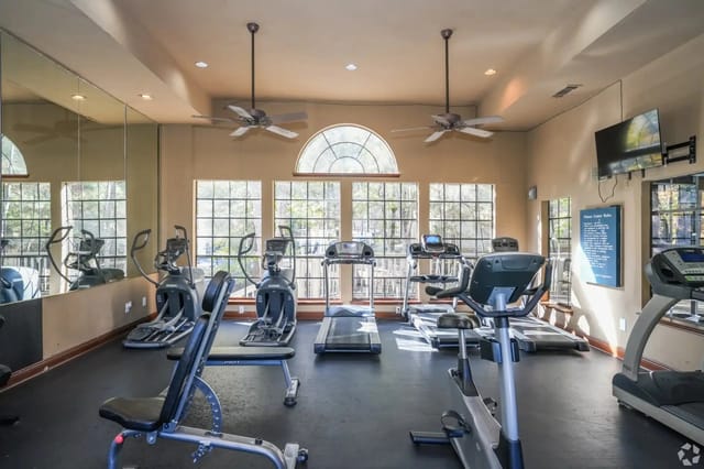 Fitness center with cardio machines and large arched windows.