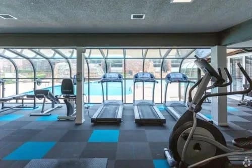 Fitness center with treadmills and an elliptical trainer by large windows.