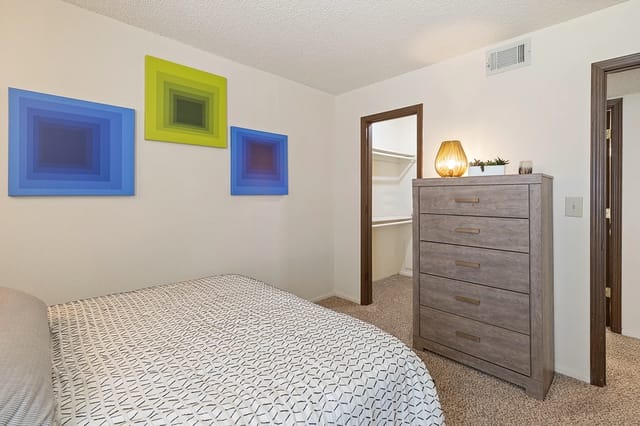 Bedroom in an apartment with a bed, grey dresser, and open closet.