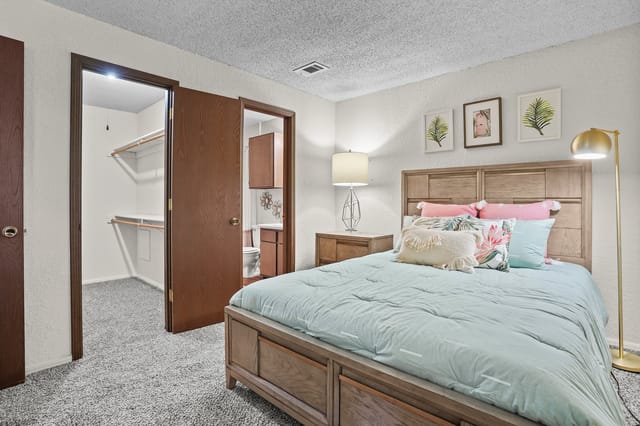 Bedroom with a king-size bed, a closet, and a bathroom.