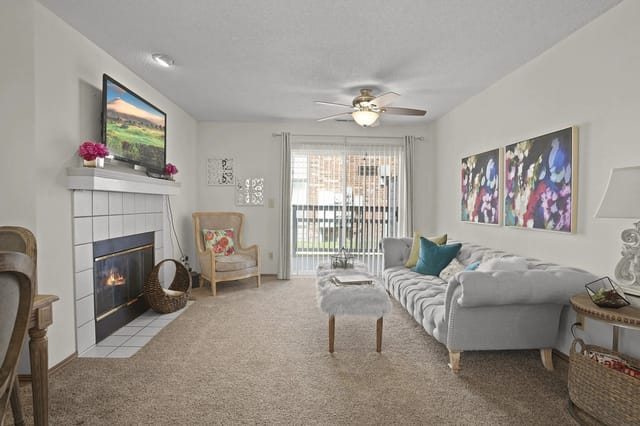 A living room with a fireplace, a couch, and a television.
