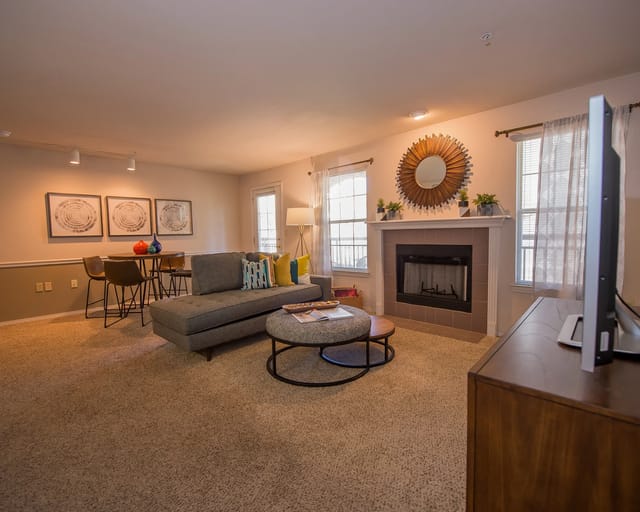 A living room with a grey sofa, a fireplace, and a television.