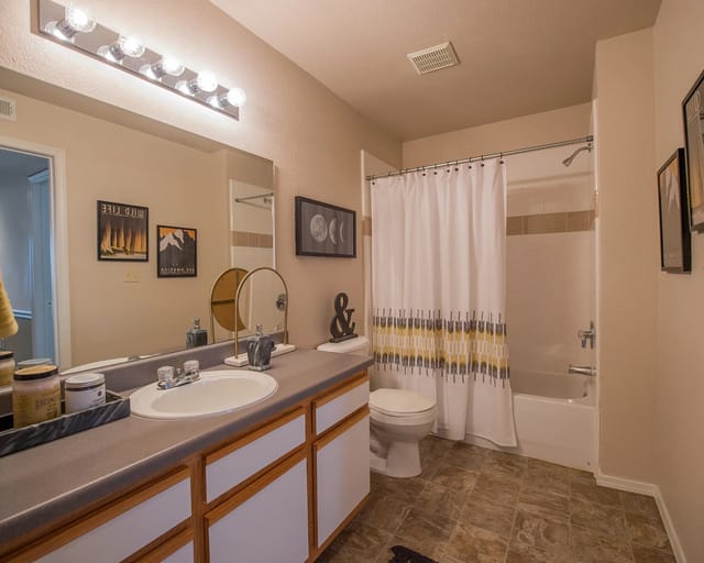 A bathroom with a sink, mirror, toilet, and shower.