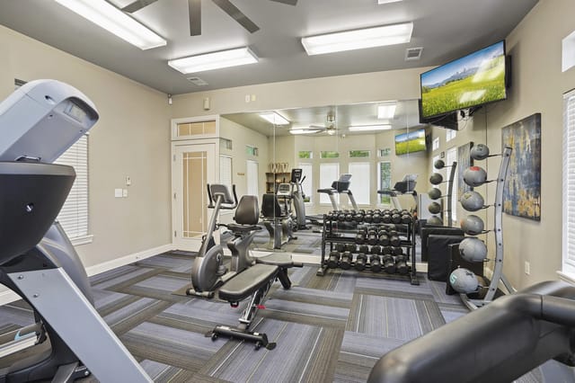 A gym with a variety of equipment including treadmills, weights, and a television.