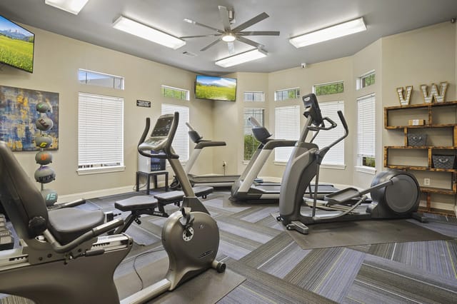 A gym with treadmills, elliptical machines, and a fan.