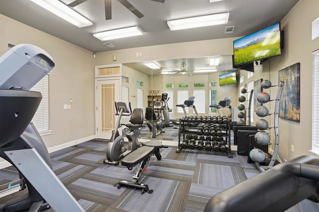 Well-equipped fitness center with treadmills, stationary bikes, free weights, and medicine balls.