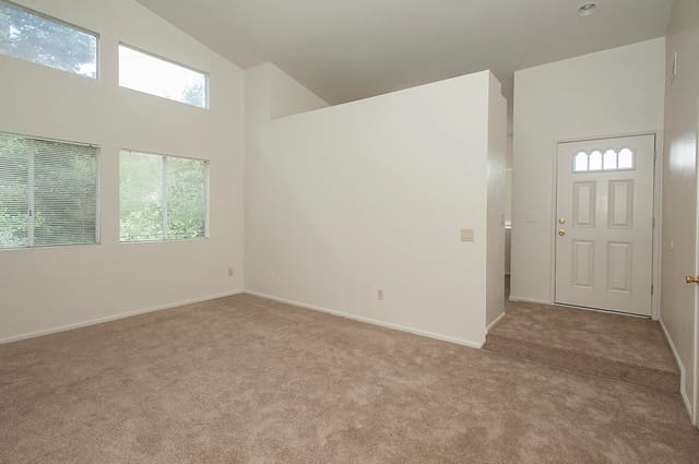 Empty living room with beige carpet, white walls, several windows, and a front entry door.
